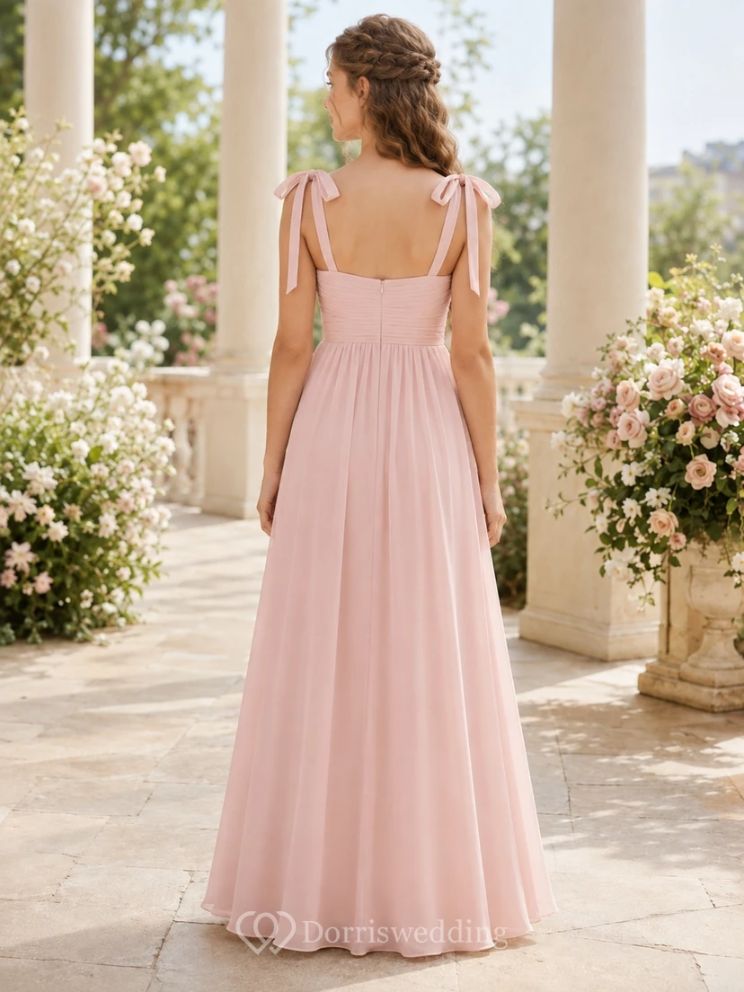 Zartrosa Brautjungfernkleid, A-Linie, Spaghettiträger, ärmellos, mit Schleife/Band, elegant und romantisch view 2