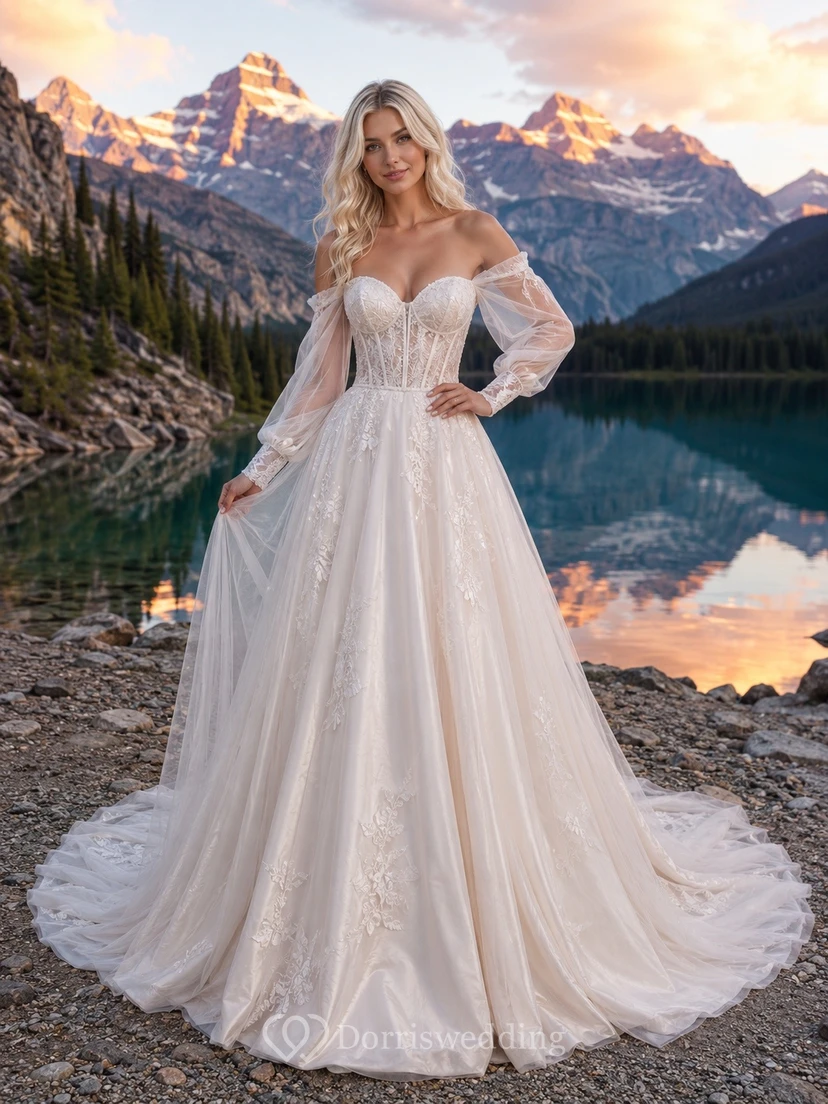 Vestido de novia formal de corte A, modesto, de manga larga y hombros descubiertos.