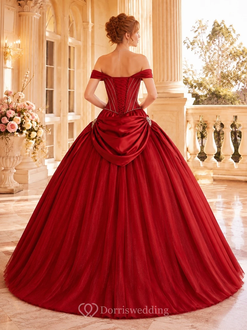 Red Satin Off-the-Shoulder Draped Quinceanera Ball Gown view 2