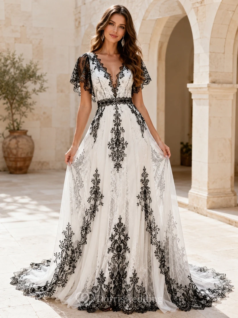 Vestido de novia bohemio romántico elegante con escote en V y estampado floral, corte en A.