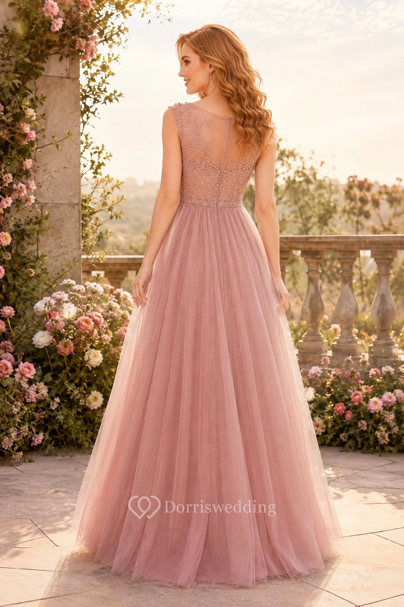 Altrosafarbenes A-Linien-Abendkleid aus Tüll mit Spitzenapplikationen und transparentem Oberteil view 2