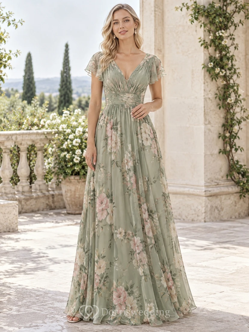 Sage Floral Print Pleated Bodice V-Neck Flutter Sleeve Floor-Length Chiffon Bridesmaid Dress
