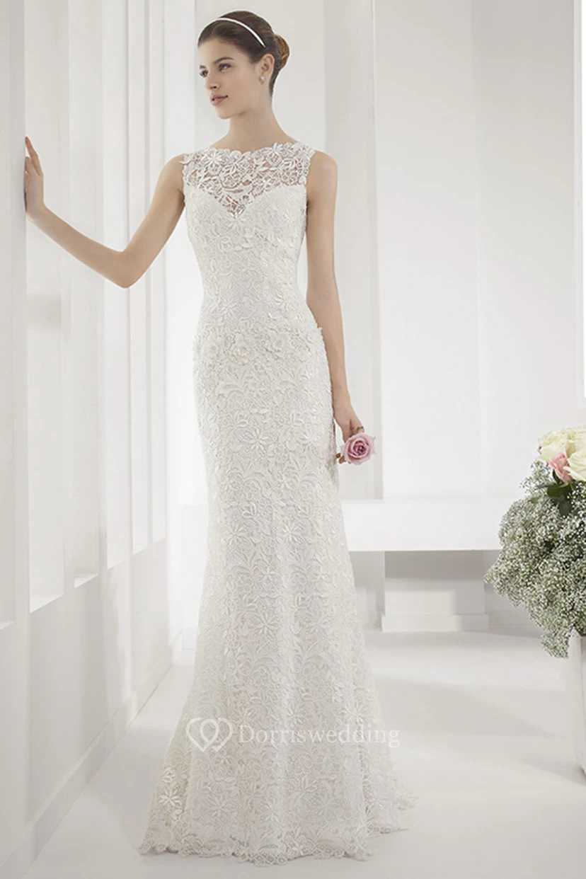 Allover Lace Illusion Neck Sheath Wedding Gown With Back Keyhole