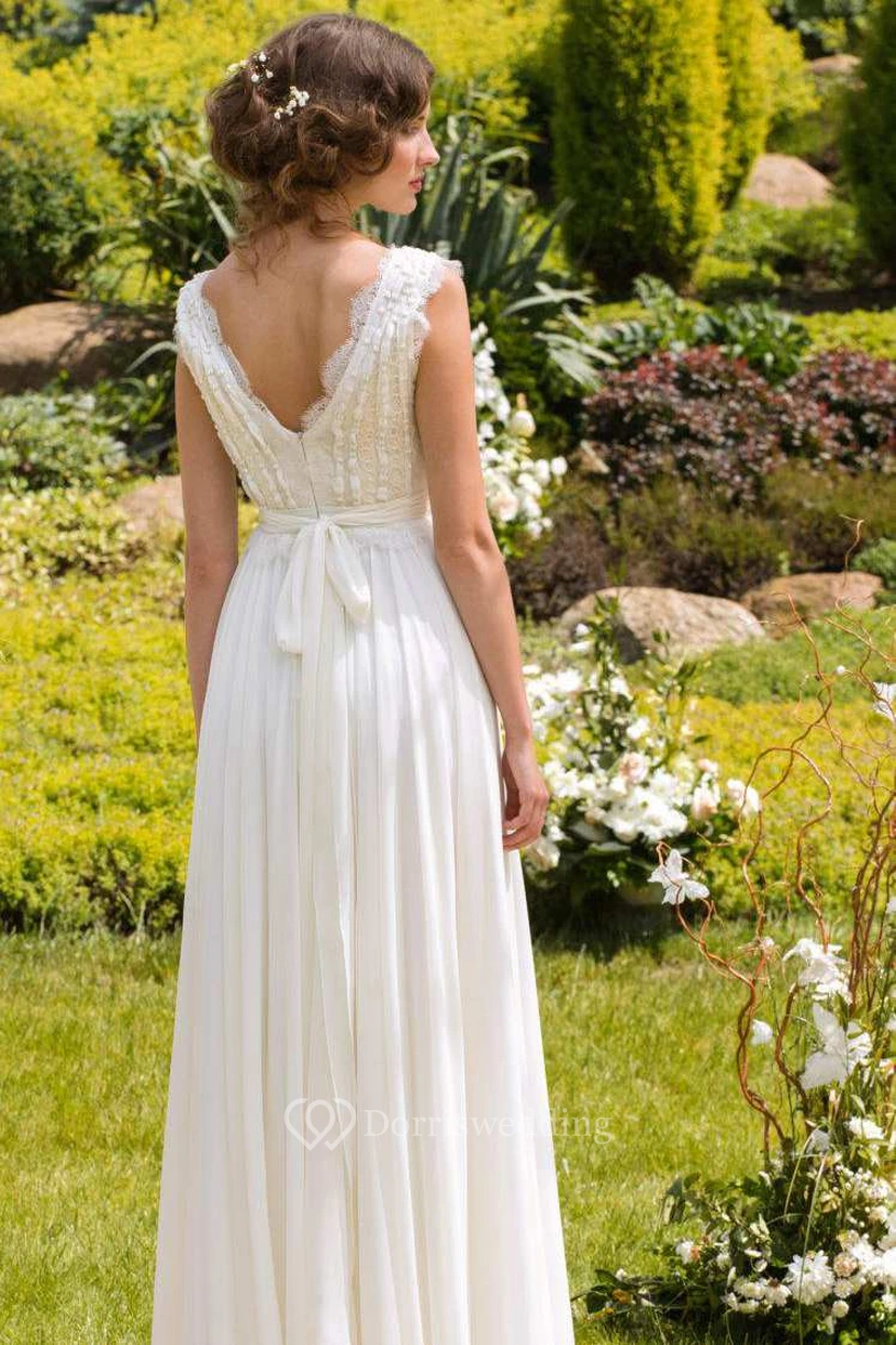 Plunged Sleeveless Chiffon Pleated Wedding Dress With Lace And Bow view 2