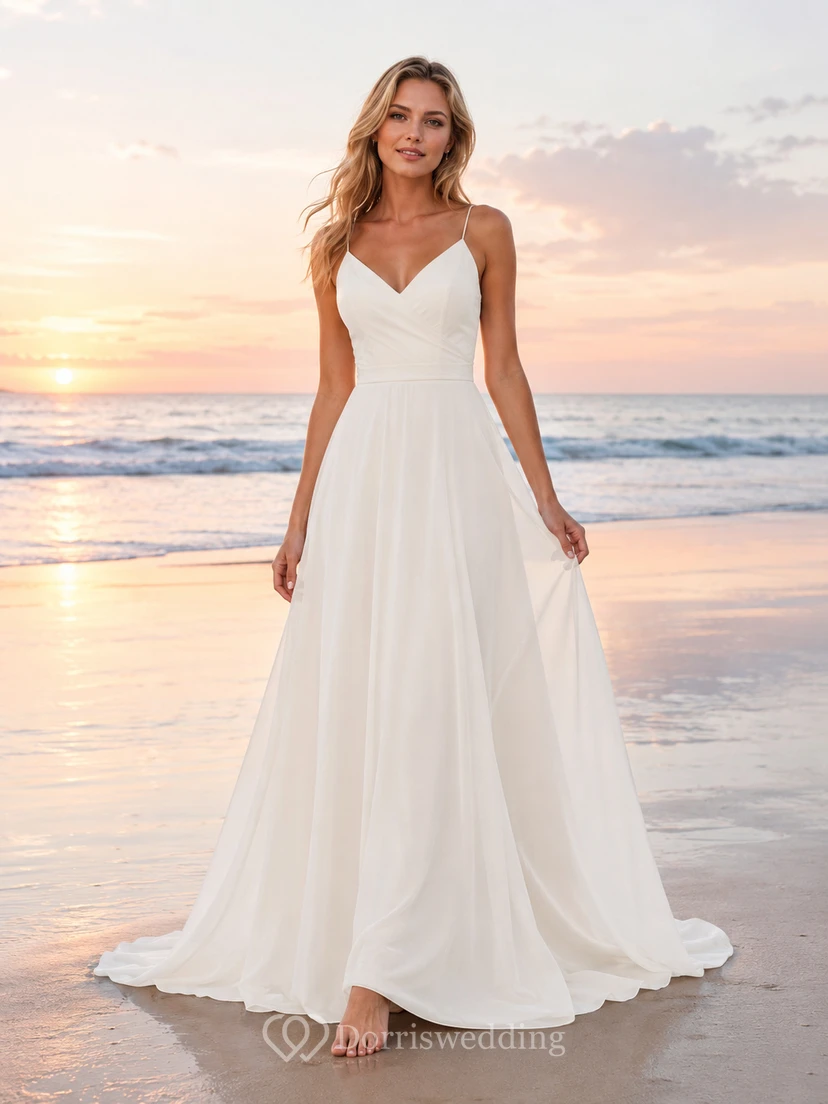 Beach Chiffon Tulle Wedding Dress A-Line Spaghetti Strap Floor Length Bridal Gown