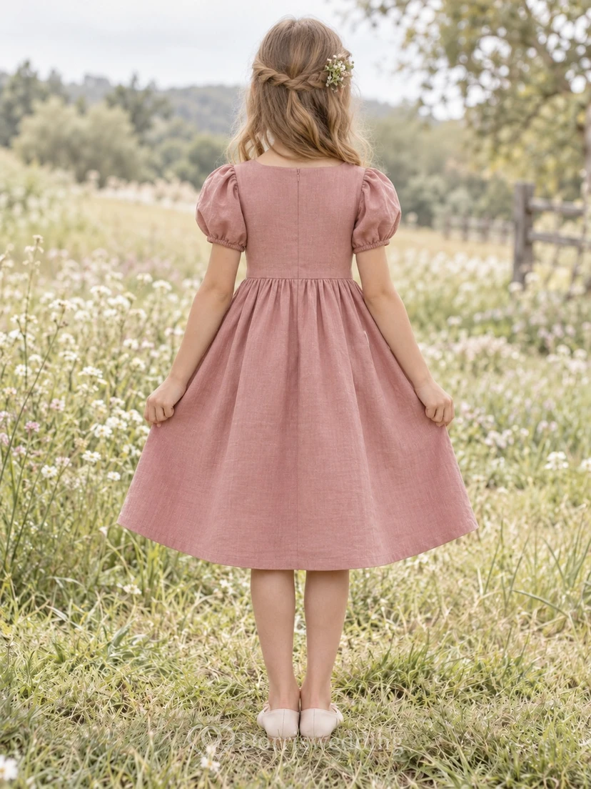 Simple Dusty Rose Knee Length Puff Sleeve Pocketed Linen Flower Girl Dress view 2