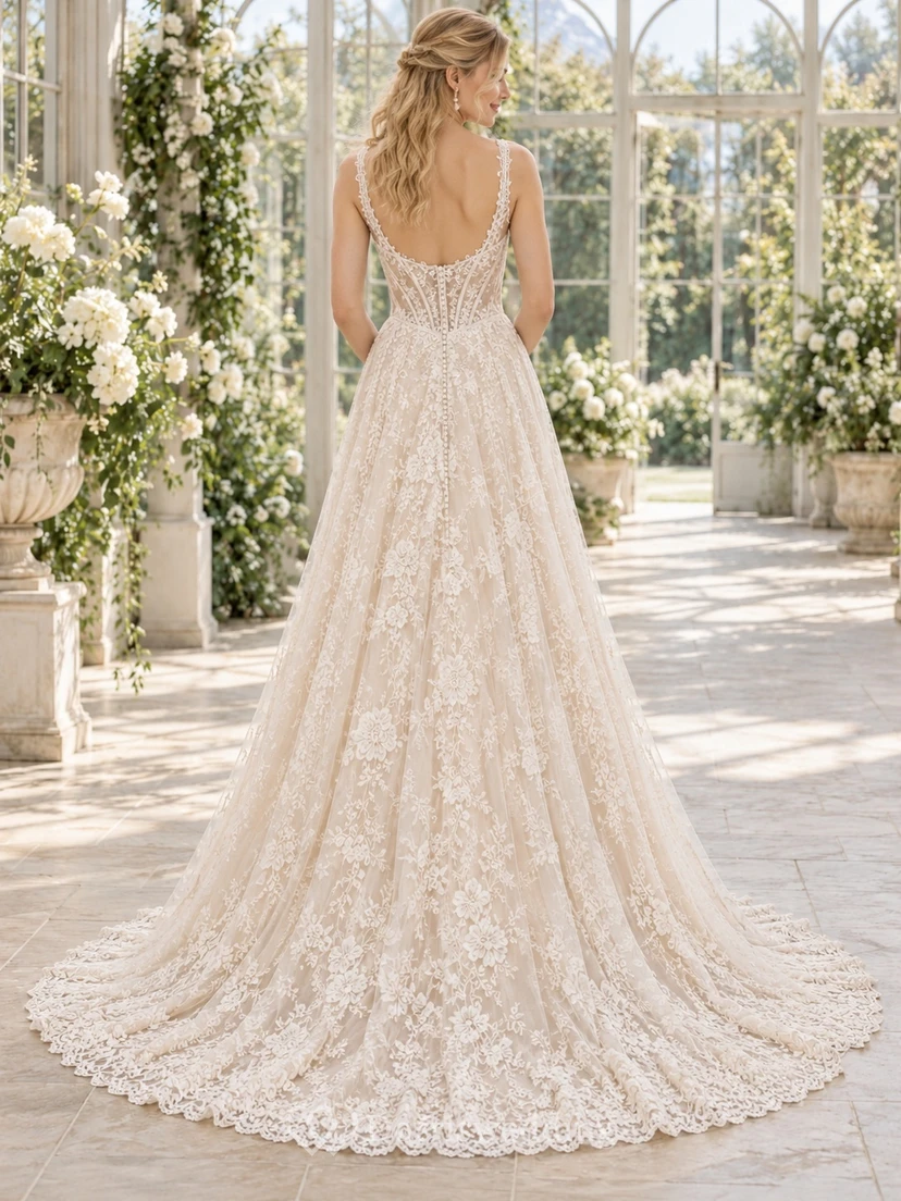 Robe de mariée vintage à bretelles fleuries, corset, entièrement en dentelle, traîne chapelle view 2