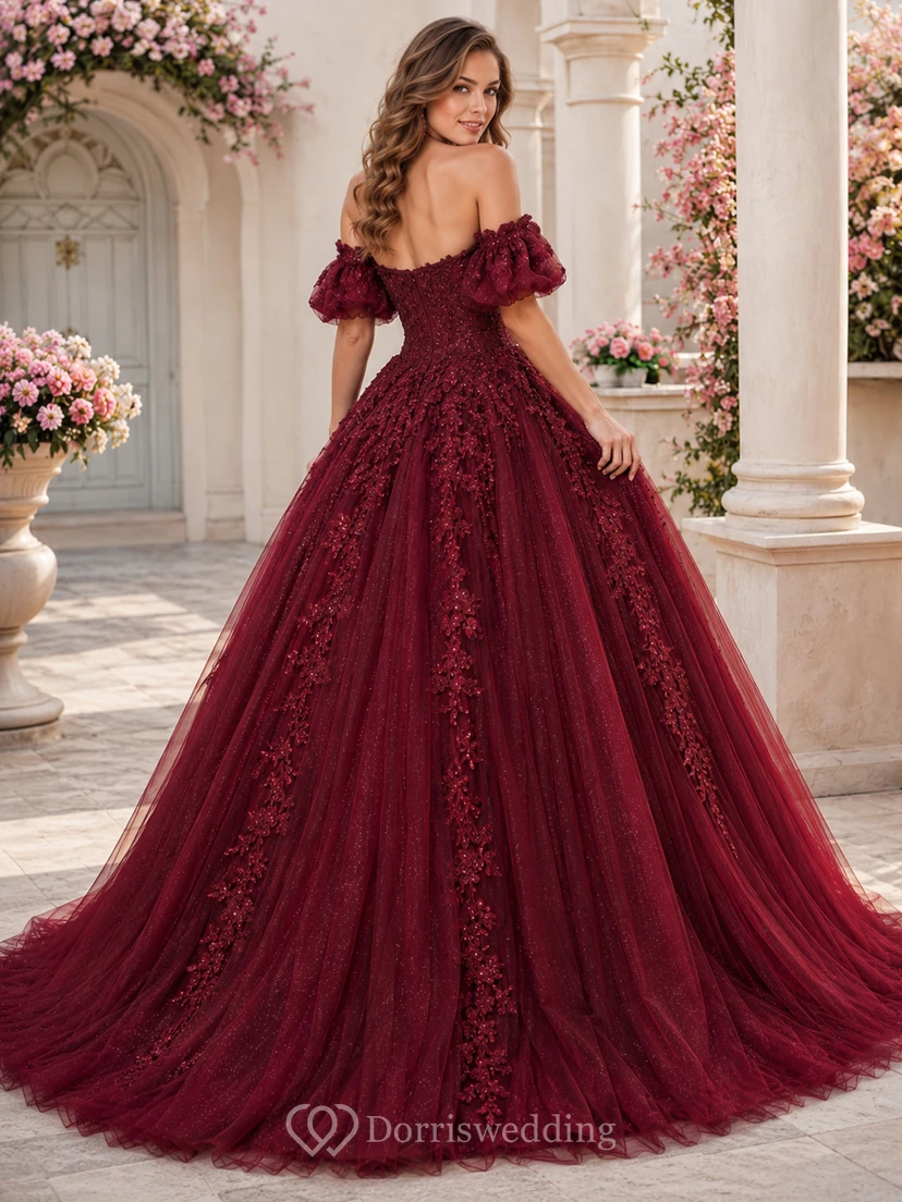Burgundy Luxury Off Shoulder Puff Sleeve Applique Long Train Quinceanera Ball Gown view 2