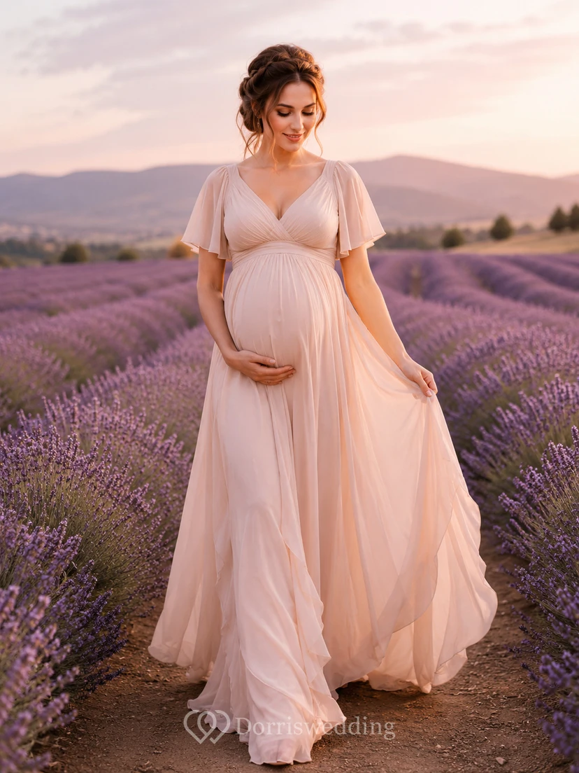 Maternity Blushing Flutter Sleeve Chiffon Flower Field Gown