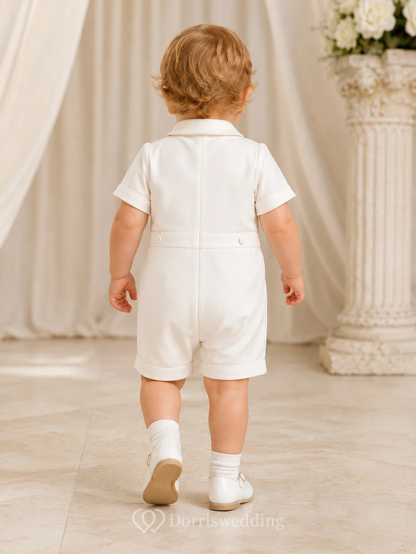 White Mandarin Collar Button Front Short Christening Romper for Baby Boy view 2