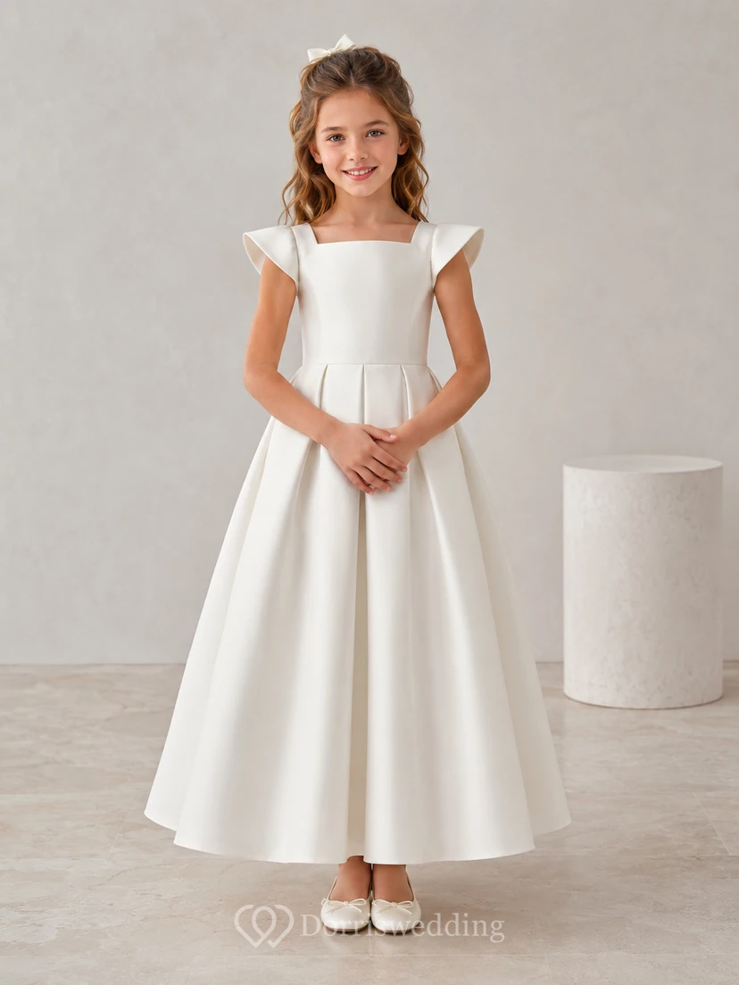 Vestido de niña de flores blanco de satén con mangas cortas, corte en A, escote joya y falda a la altura de la rodilla con detalle de lazo.