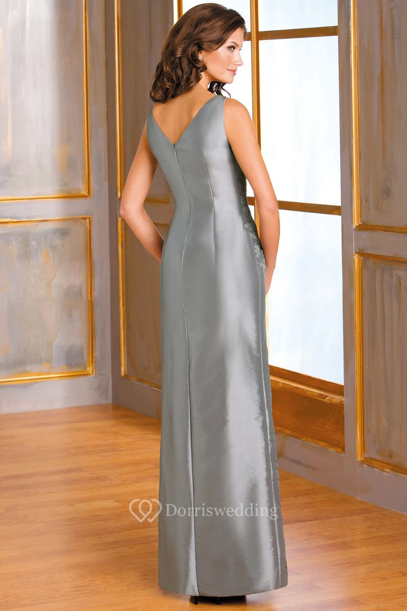 Sleeveless V-Neck Satin Mother Of The Bride Dress With Appliques And Jacket Style view 2