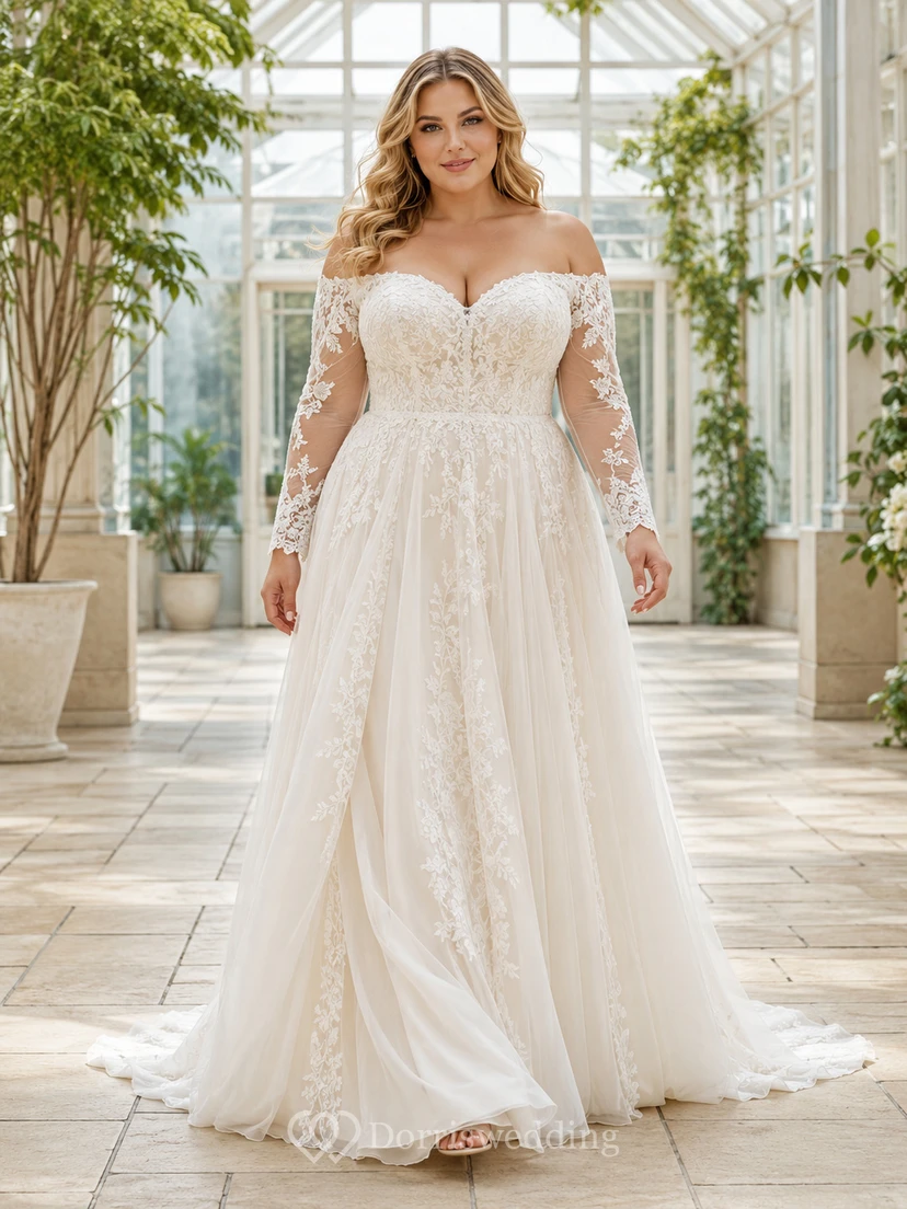 Robe de mariée bohème grande taille à épaules dénudées, manches longues en dentelle illusion, coupe trapèze, style chapelle