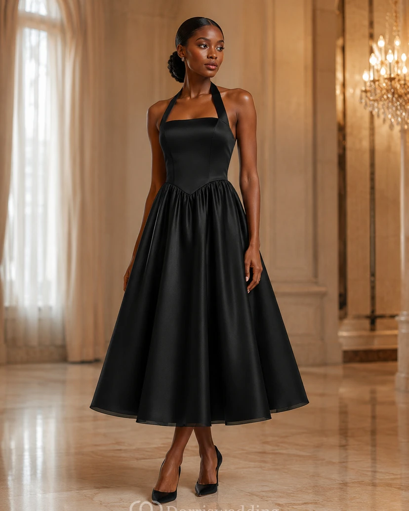 Burgundy Halter A-line Tea-length Dress view 5