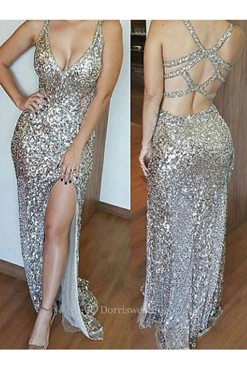 Mermaid Trumpet Sheath Sequins V-neck Sleeveless Straps Dress
