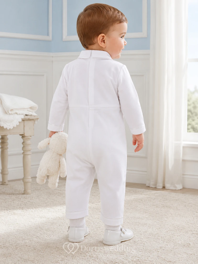 White Pintuck Long Sleeve Peter Collar Christening One Piece for Baby Boy view 2