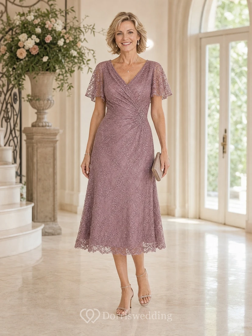 Vintage Mauve Lace Tea Length Mother Dress Vintage Mauve V-neck Sheath Tea-length view 3