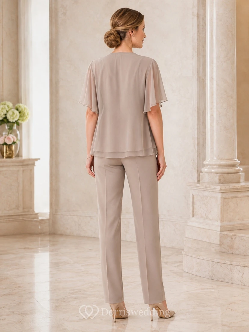 Petite Cowl Neck Two Piece Taupe Mother Formal Pant Suit view 2