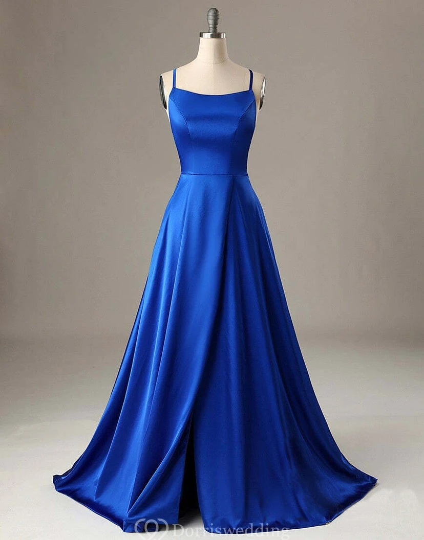 Simple Satin Spaghetti A-line Dress with Sweep Train view 2