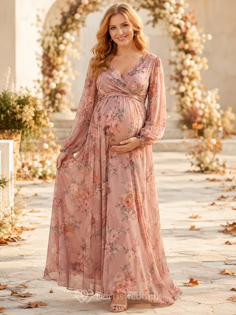 Dusty Rose V Neck Long Sleeve Floral Chiffon Floor Maternity Guest Gown