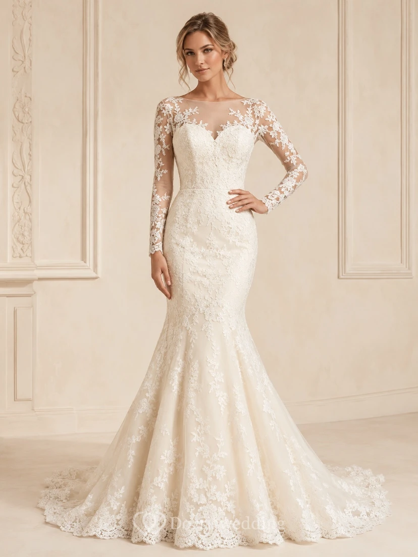 Brautkleid im Meerjungfrauenstil mit langen Ärmeln, Applikationen und Spitze, bodenlang, im Boho-Stil