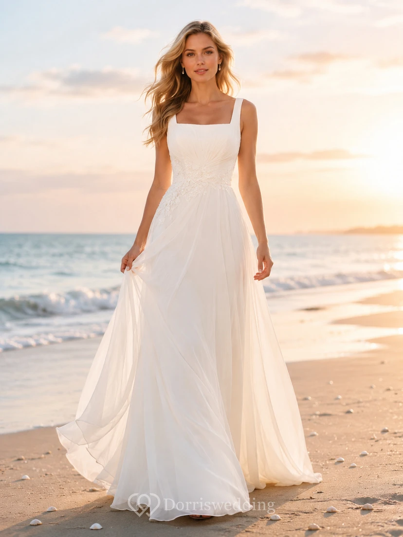Square Neck Chiffon Skirt Ocean Breeze Beach Bridal Gown