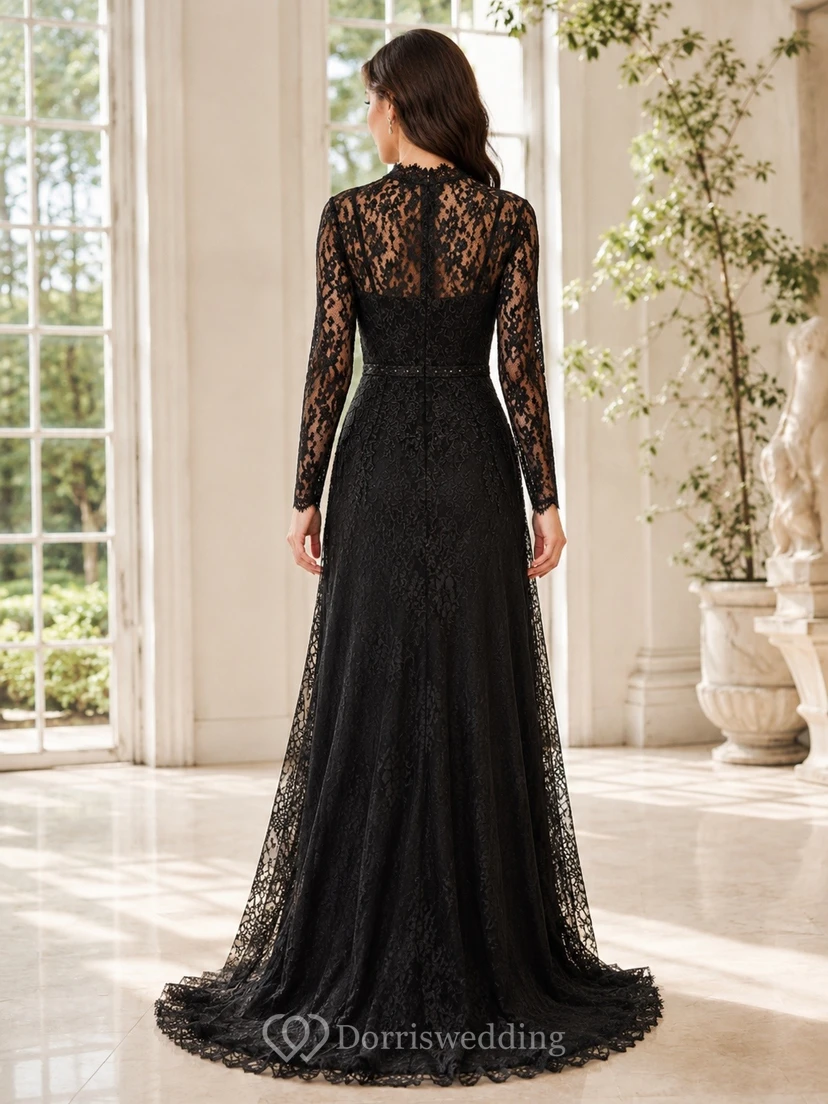 Black Lace High-Neck Long-Sleeve A-Line Sweep-Train Formal Dress view 2