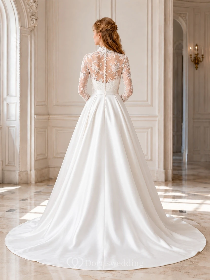 Lace Illusion Neck Long Sleeve A-line Sweep Train Formal Dress view 2