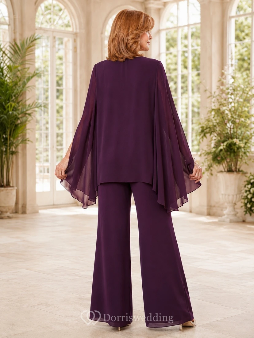 Plum Chiffon Bat-Sleeve Two-Piece Jumpsuit Wide-Leg Mother Suit view 2