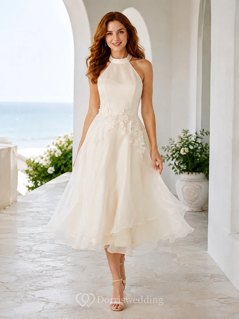 Halter Neck Sleeveless Tulle A-Line Tea-Length Beach Wedding Dress