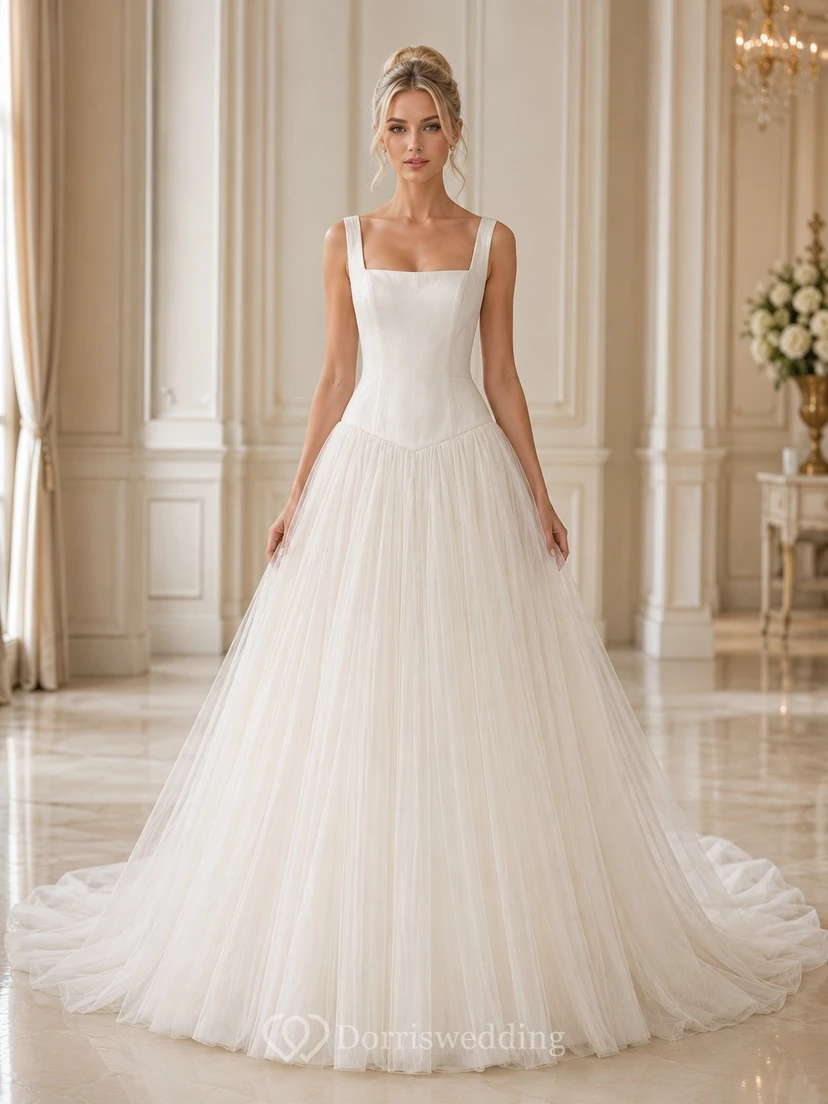 Vestido de novia sencillo de corte A con escote cuadrado y cintura baja de tul