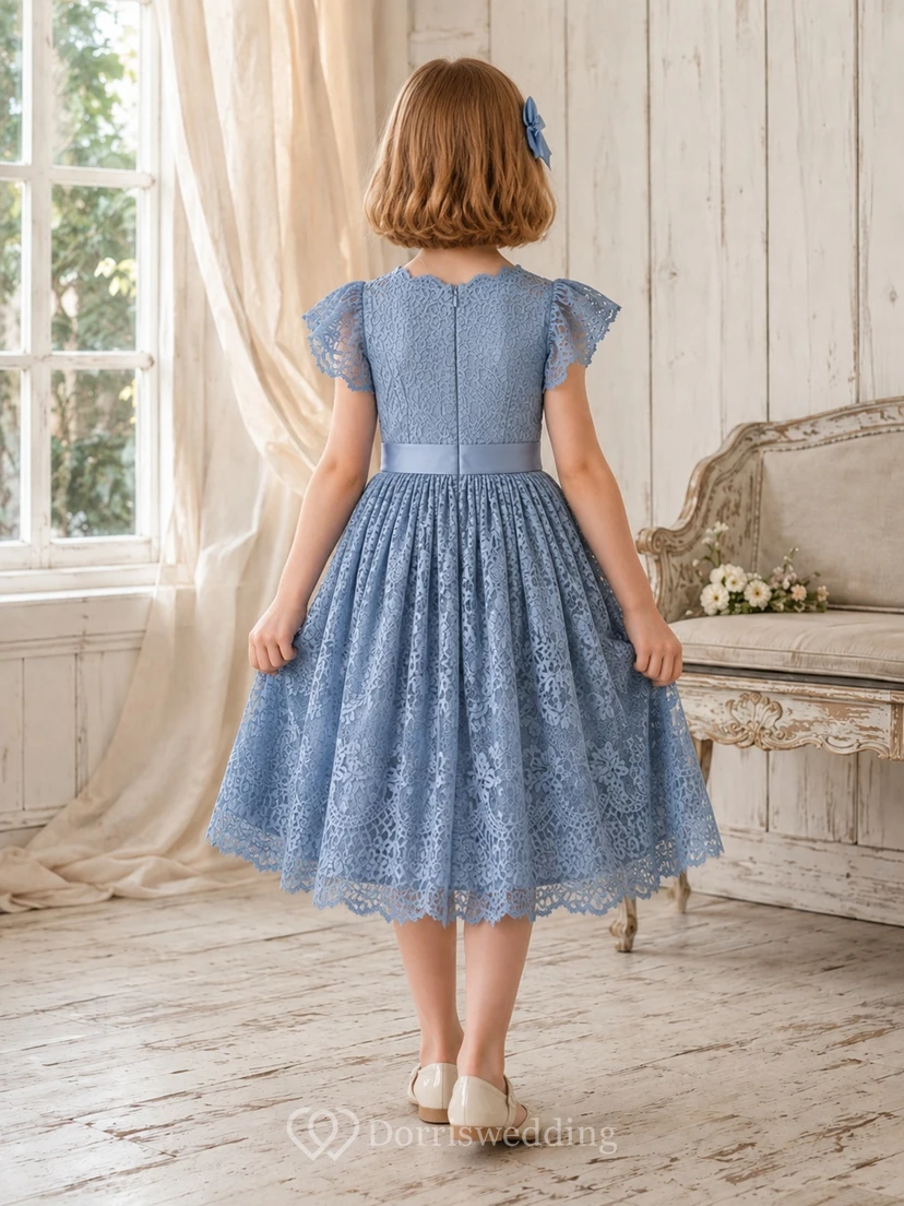 Steel Blue Scoop Neck Flutter Sleeve Vintage Lace A-Line Flowergirl Dress view 2
