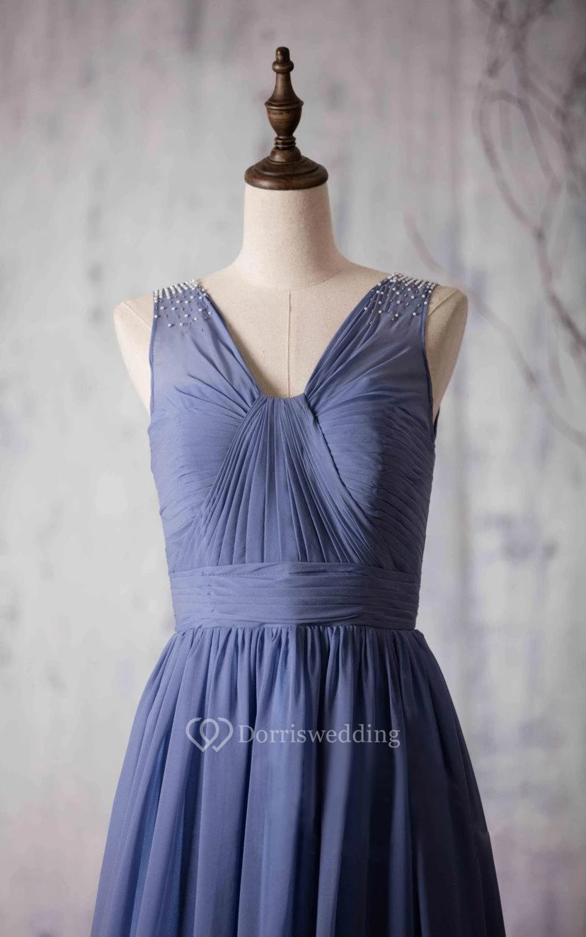 V Neck V Back Pleated A-line Chiffon Long Dress With Beadings view 2