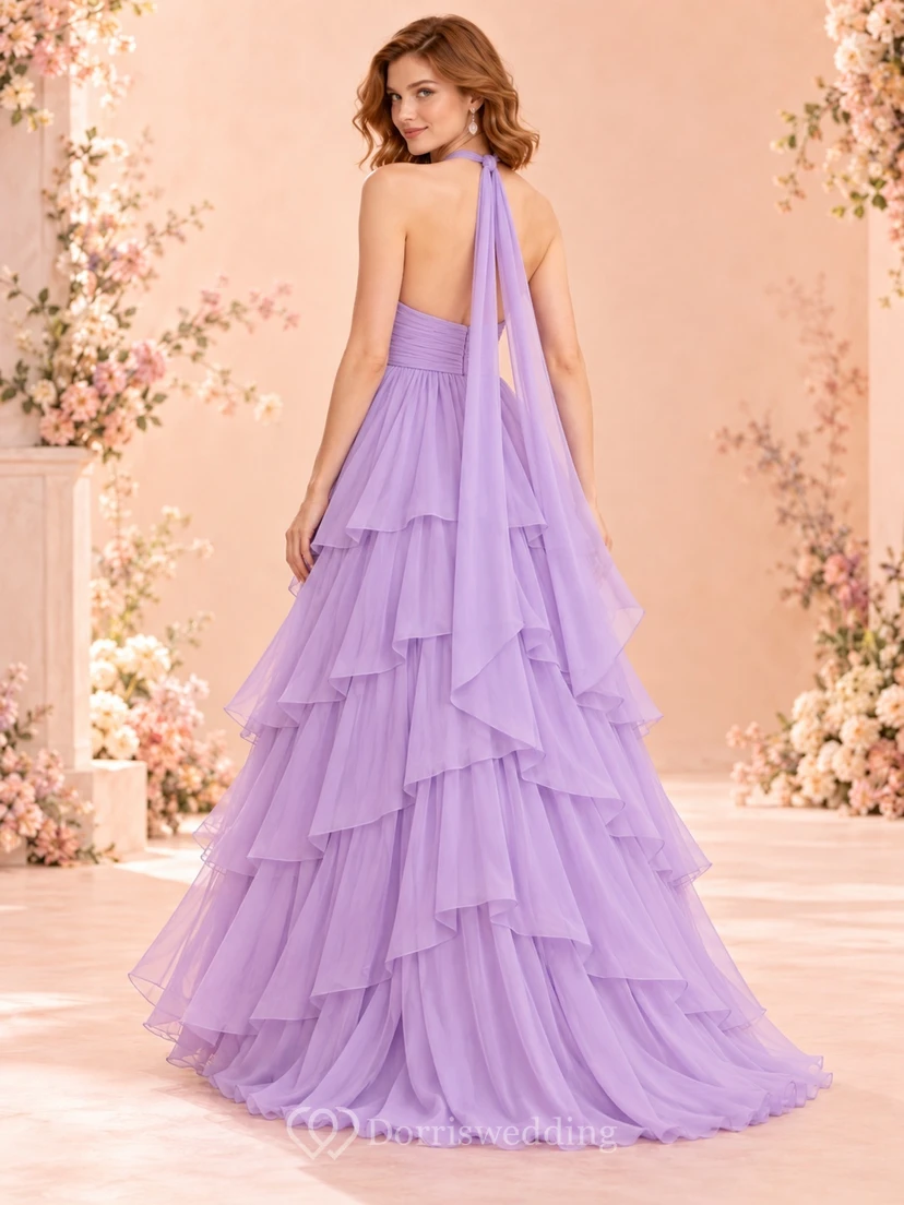 High-low Lavender Twisted Halter Scarf Back Tiered Formal Evening Gown view 2