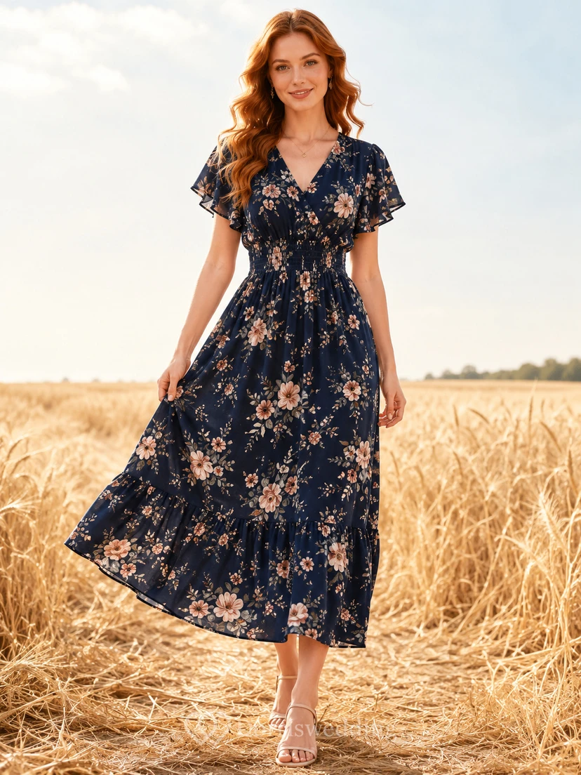 Vestido de estilo pradera de manga corta con estampado floral oscuro y cintura fruncida