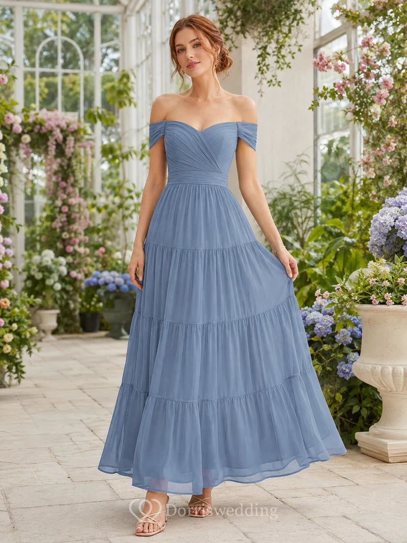 Steel Blue Garden Wedding Guest Dress A-Line Chiffon Tulle Off Shoulder Sleeveless Tea-Length Tiered