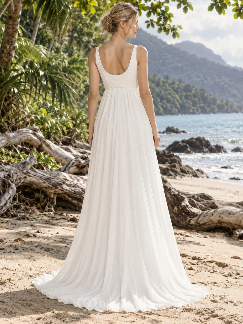 Schlichtes, ärmelloses Brautkleid in A-Linie mit rundem Ausschnitt und bodenlanger Silhouette, natürlicher Taille view 2