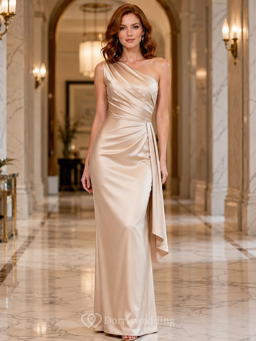 Champagne satin one shoulder draped sheath hotel gown