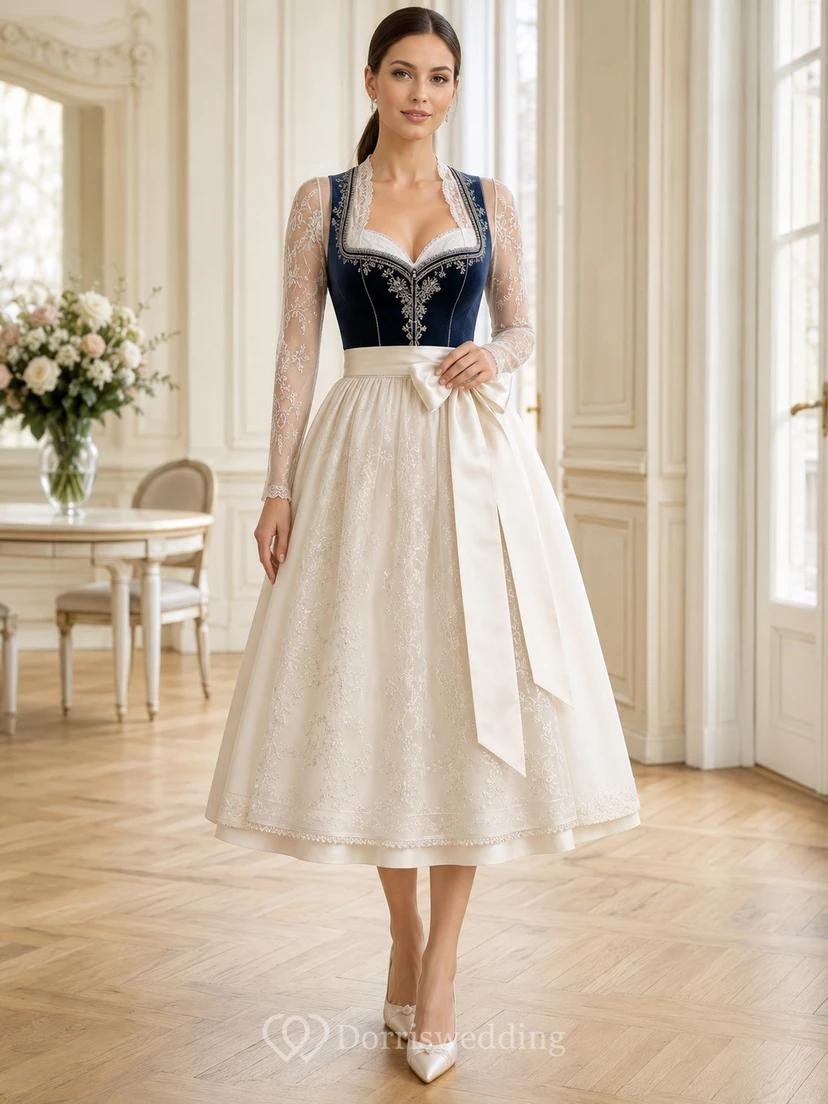Robe de mariée noire modeste Dirndl à col carré et manches longues en dentelle illusion pour un mariage de style thé