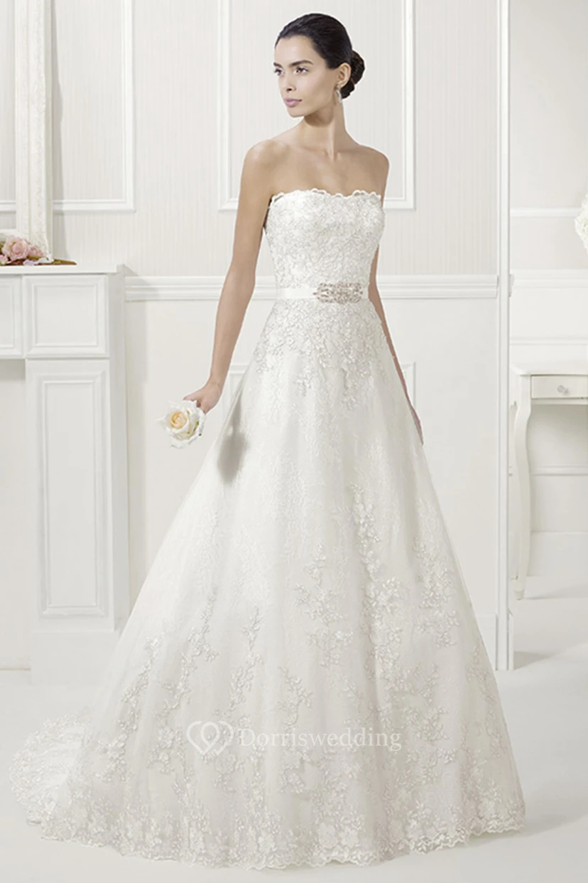 Strapless Lace Bridal Gown With Removable Long-Sleeve Jacket