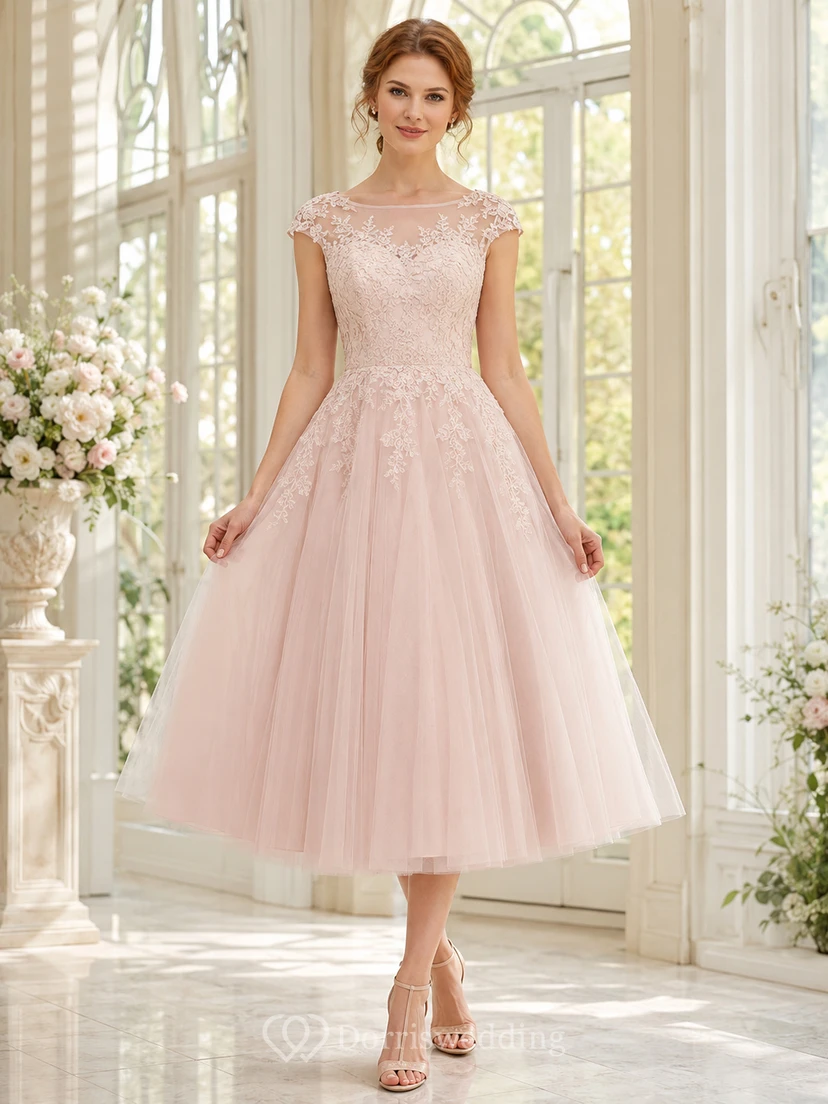 Blush Tea-Length Bateau Cap Sleeve Lace Tulle Romantic Wedding Dress