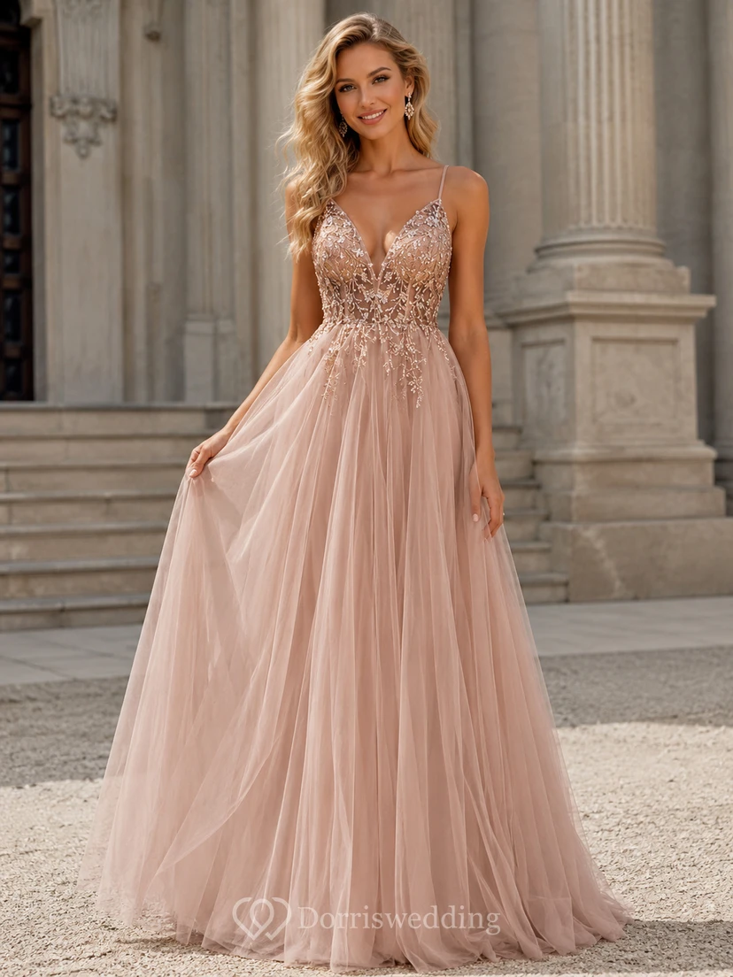 Casual Spaghetti Empire Tulle Pleated Prom Dress with Beaded Top