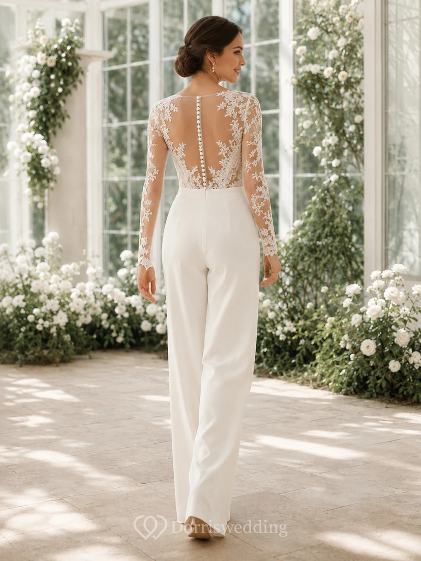 Romantic V-Neck Long Illusion Sleeve Lace Satin Wide Leg Bridal Wedding Jumpsuit view 2