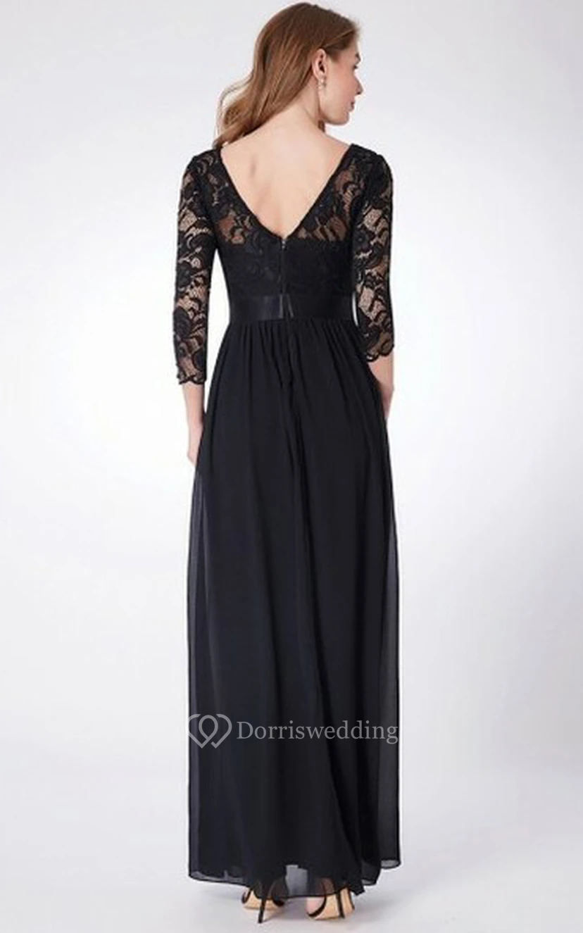 Romantisches, bodenlanges Chiffon-Kleid in A-Linie mit Dreiviertelärmeln und Raffungen für die Mutter der Braut view 2