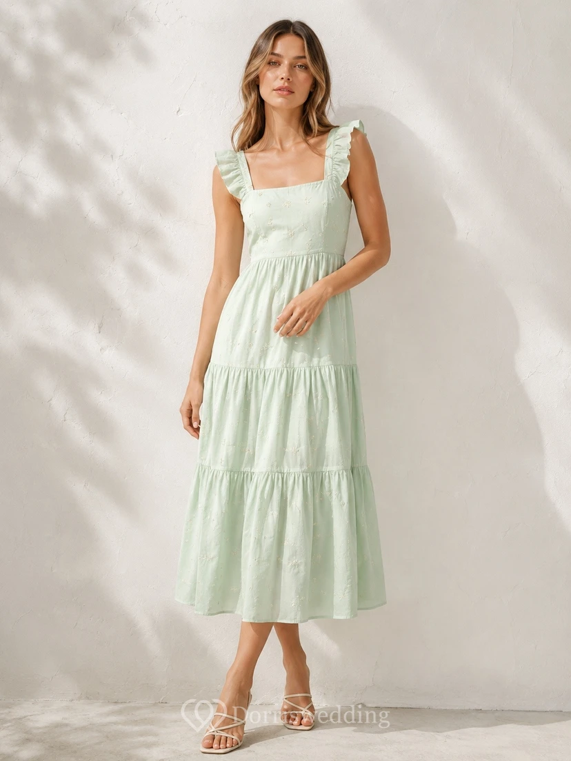 Vestido de invitada sin mangas, de largo midi, con escote cuadrado y volantes, color menta y gasa.