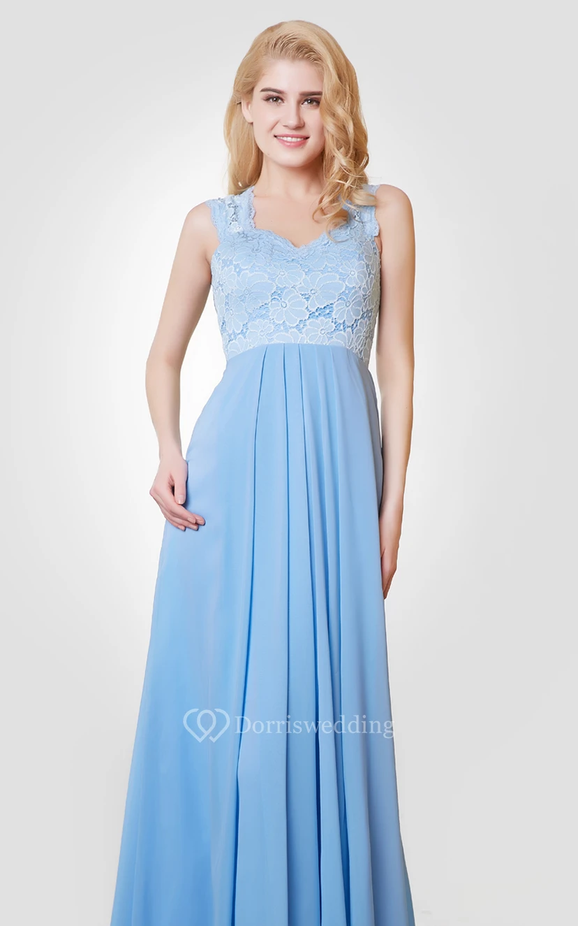 Langes A-Linien-Kleid aus Chiffon und Spitze mit Trägern view 4