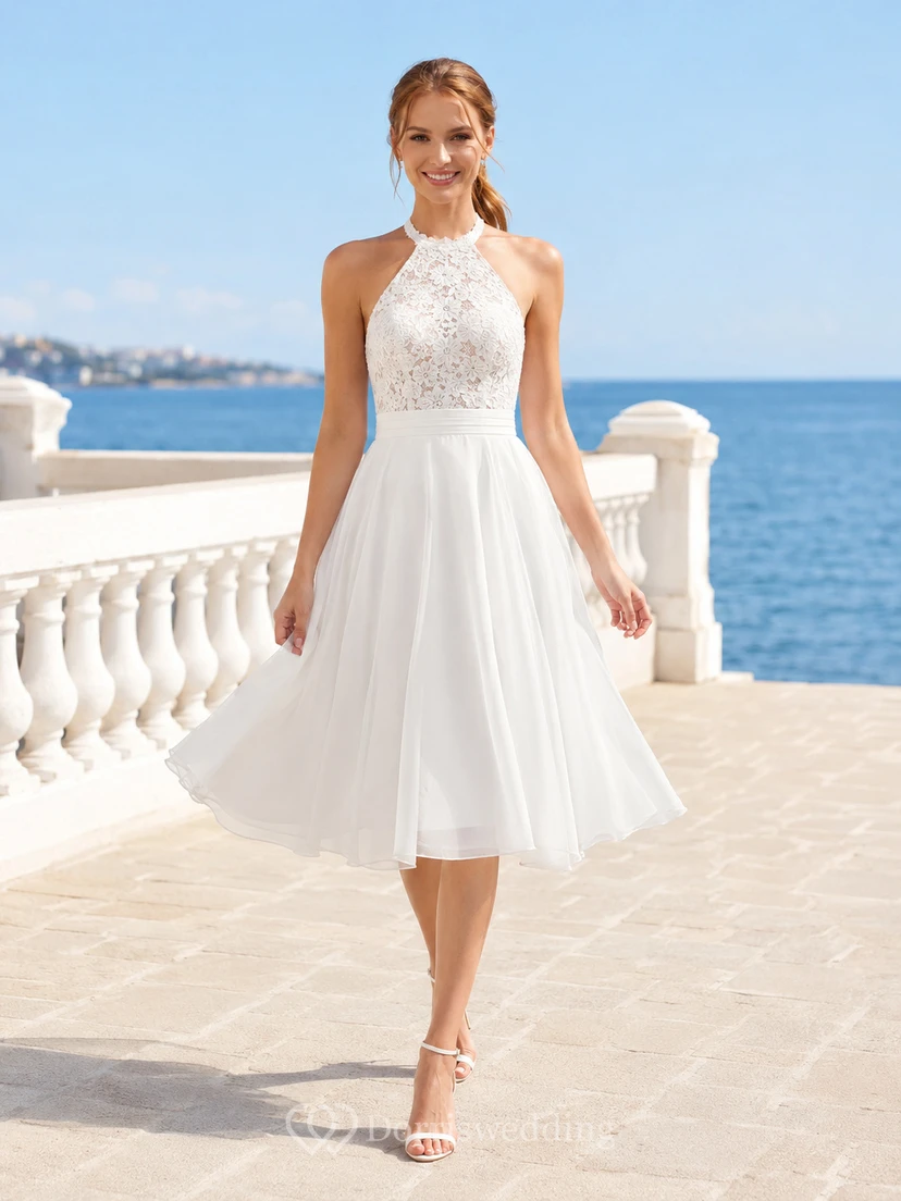 Bohemian Tea-Length High Neck Halter Lace Beach Romantic Wedding Dress
