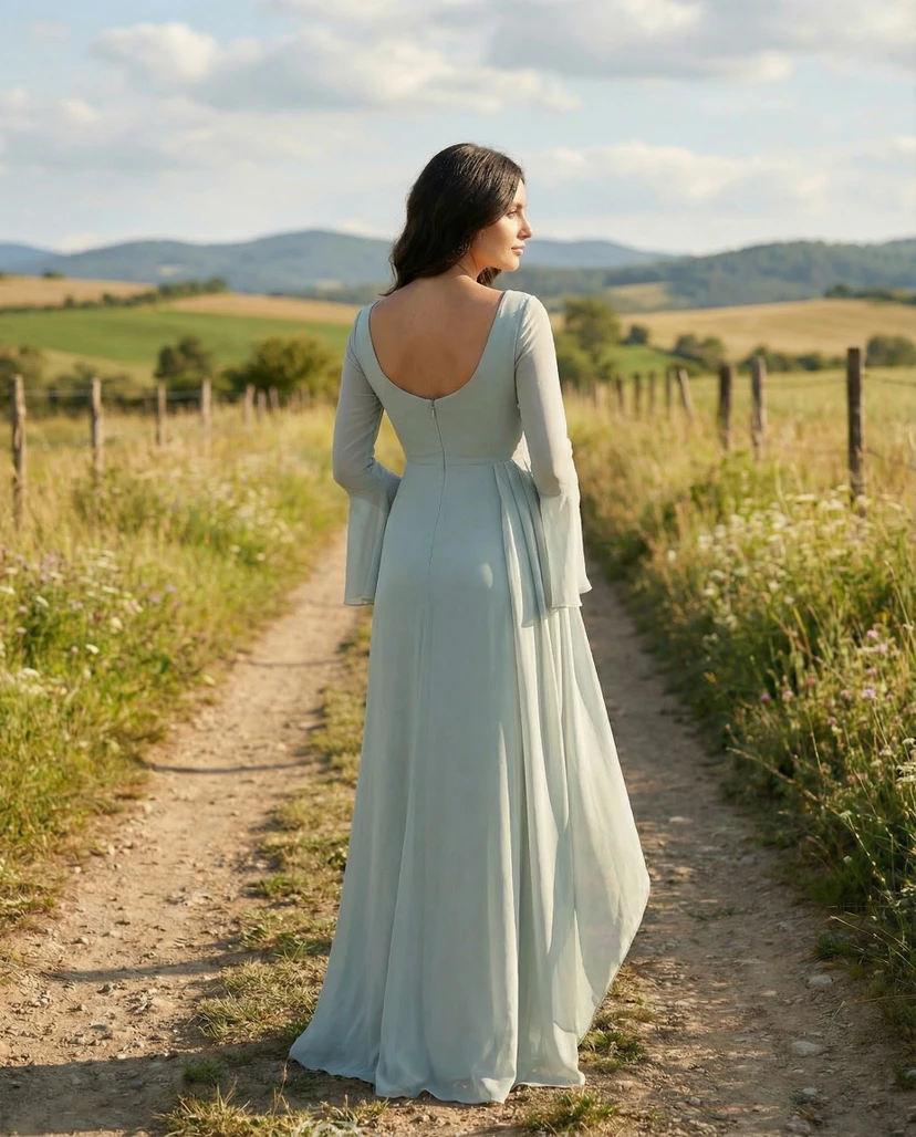 Robe de demoiselle d'honneur de maternité céladon avec encolure ronde, manches longues cloche et jupe trapèze en mousseline view 2