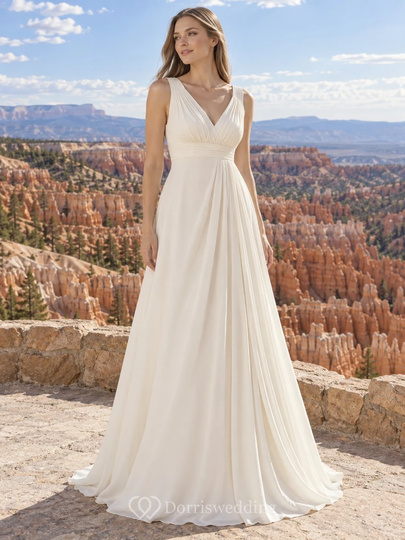 Schlichtes, ärmelloses A-Linien-Brautkleid mit V-Ausschnitt, plissiertem Oberteil und fließendem Georgette-Rock