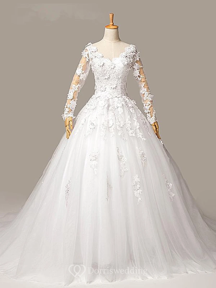Gorgeous Long Sleeve Appliques Tulle Wedding Dresses Ball Gown Lace-up